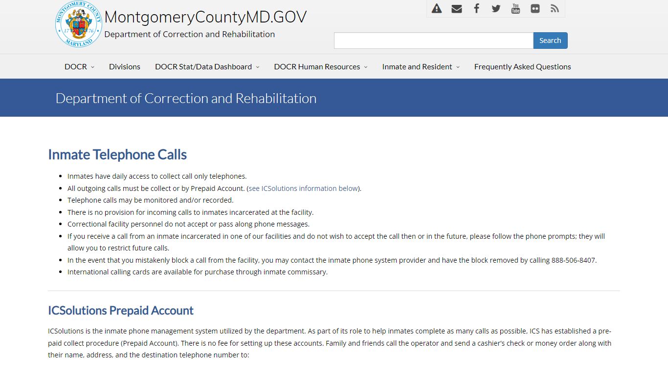 Inmate Telephone Calls - MONTGOMERY COUNTY, MD